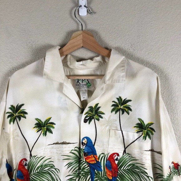 KYs Shirt White Tropical Print Button Up Collared Casual Vacation Mens X Large - Picture 3 of 11